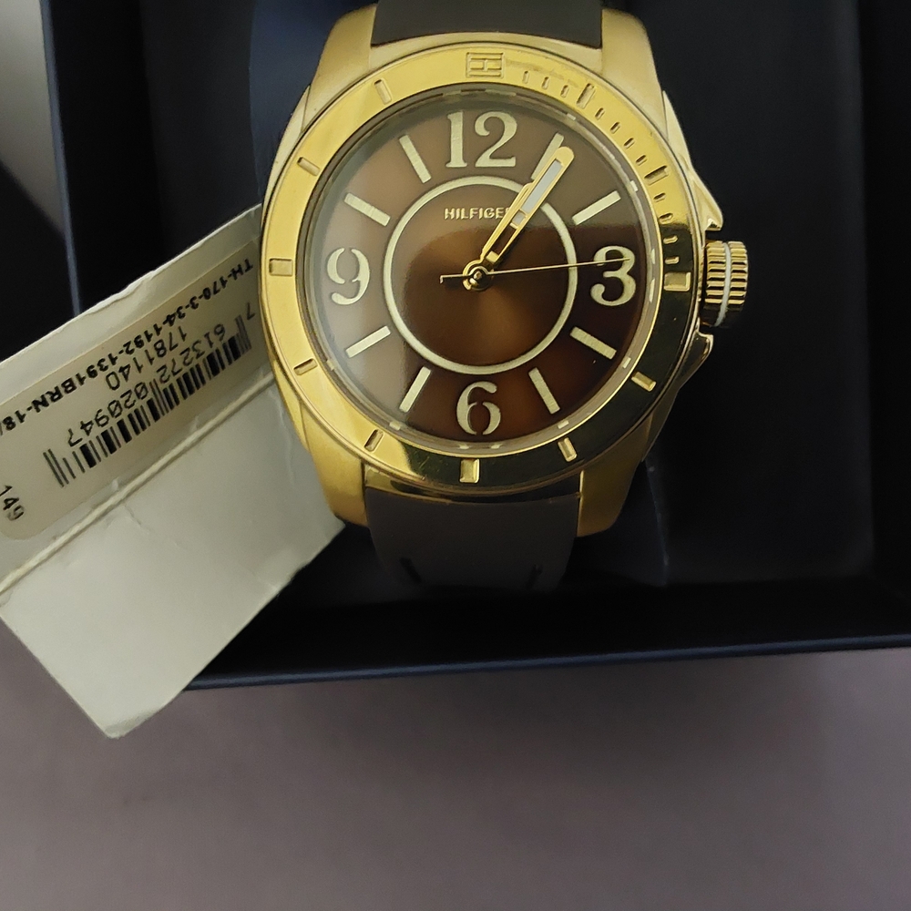 Tommy Hilfiger Brown Silicon Strap with Gold Buckle Watch Band